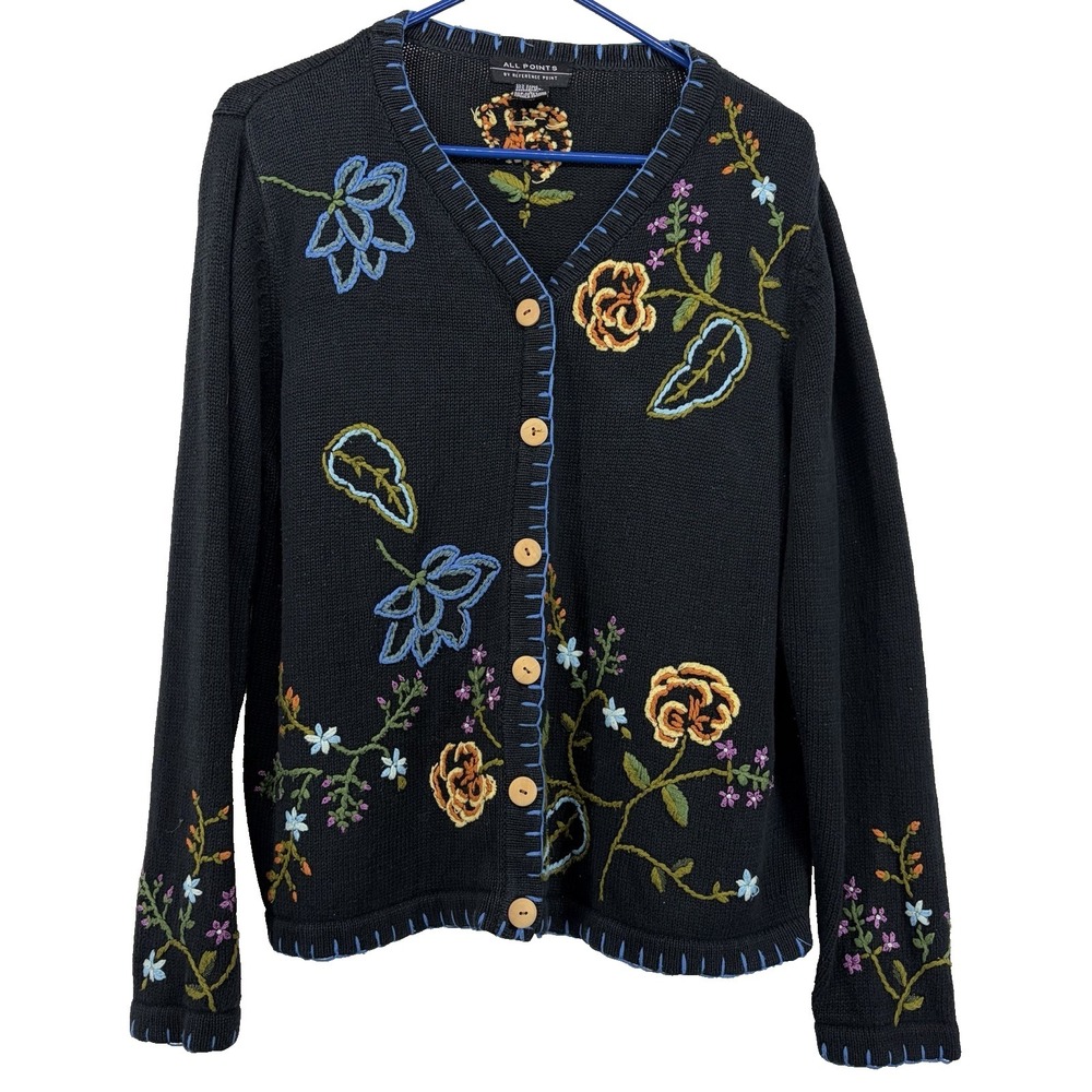 All Points Size L Vintage Floral Embroidered‎ Cardigan Sweater Navy Blue Women's